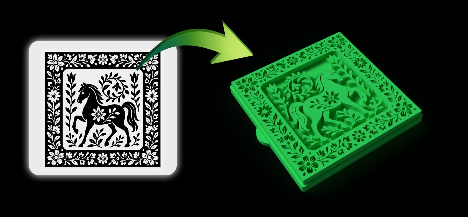 Detailed generated STL example Detailed 3D printable STL stamp and cutter preview from custom artwork